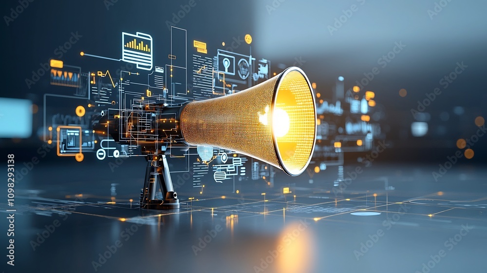 Poster bright megaphone with a glowing world map pattern radiating golden light onto a vibrant futuristic g