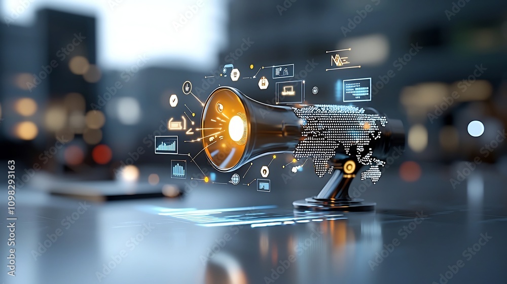 Aufkleber Bright and eye catching megaphone with a glowing world map pattern radiating golden light onto a vibrant futuristic looking globe against a clean modern setting