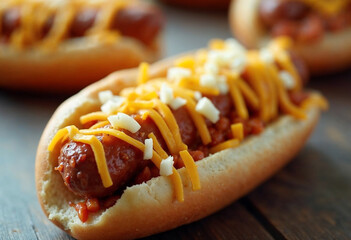 Chili Cheese Hot Dog with Toppings on Wooden Surface