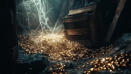 A treasure chest filled with golden coins in a dark, mysterious environment.