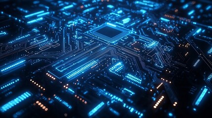 Fototapeta premium Glowing blue digital circuit lines forming a sleek innovative pattern on a dark backdrop with ample copy space creating a futuristic high tech aesthetic perfect for technology science fiction