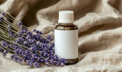 close up a single body shampoo bottle with plain white label, some lavender aside, linen cloth background