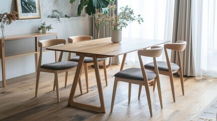 Obraz premium Minimalist Dining Room With Wooden Furniture and Natural Light