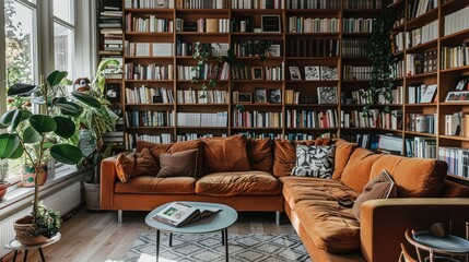Cozy Home Library with Brown Sofa and Bookshelves