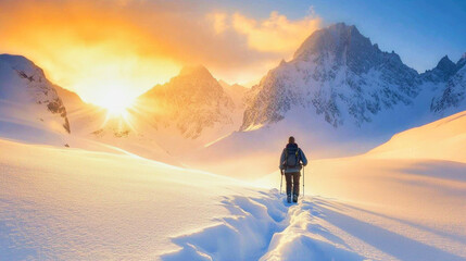 Backpacker silhouettes in deep snow trekking through majestic mountains at sunrise