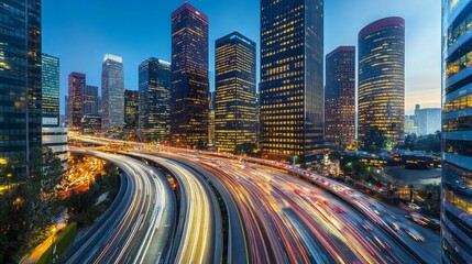 Fototapeta premium Night cityscape with highway traffic light trails.