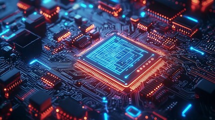 Obraz premium Glowing technology circuit with blue luminous effects in an open digital and futuristic space showcasing the innovation and creativity of modern science and engineering