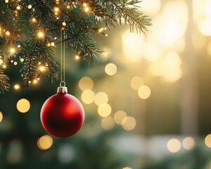 Fototapeta premium A vibrant red Christmas ornament hanging on a tree, glowing in soft, warm lights.