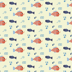 Colorful vector illustration featuring playful fish swimming among waves in a vibrant underwater pattern