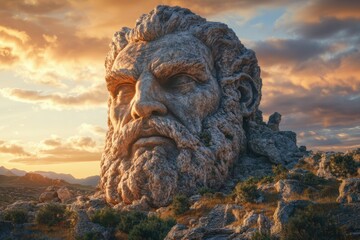 Ancient colossus awakening from slumber with highly detailed stone and vegetation textures, captured using wide-angle zoom on dramatic sunrise lighting, with copy space