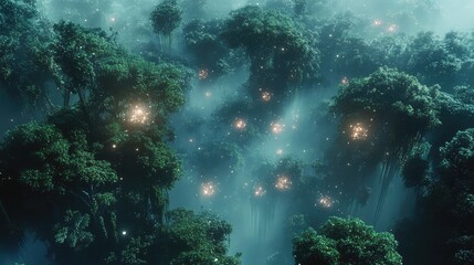 Fototapeta premium Dense jungle canopy seen from above, with tiny glowing data nodes marking various spots in the trees