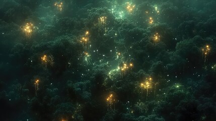 Fototapeta premium Dense jungle canopy seen from above, with tiny glowing data nodes marking various spots in the trees