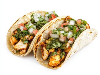 delicious taco filled with spicy chicken, artfully arranged and isolated against a white background, showcasing the vibrant colors and textures of this beloved dish