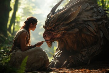 Beastmaster taming a mythical creature with detailed creature design and interaction, captured using portrait lens on soft forest lighting, with copy space