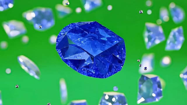 Blue Sapphire Falling on Green Background: A single, large, blue sapphire gemstone falls through the air, surrounded by smaller, scattered sapphires. This image evokes luxury, beauty.