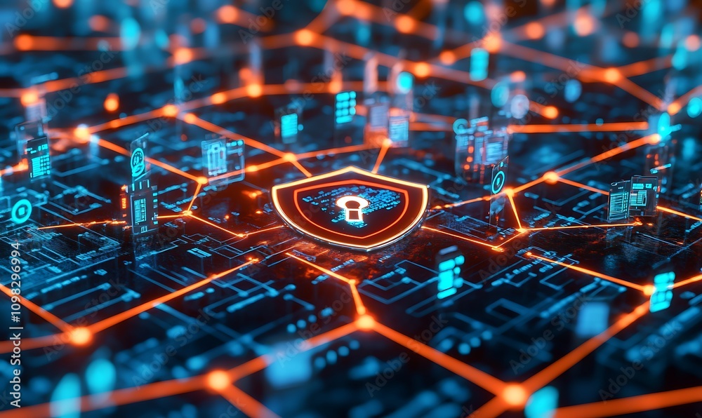Poster digital network with a central security shield symbolizing cybersecurity and data protection.