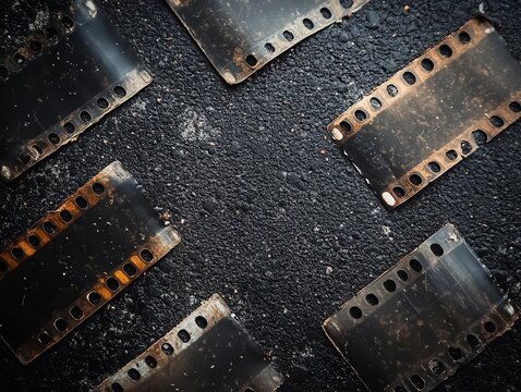 dusty old film texture showcased against a black asphalt background, creating a nostalgic and gritty atmosphere, ideal for artistic projects focusing on vintage storytelling