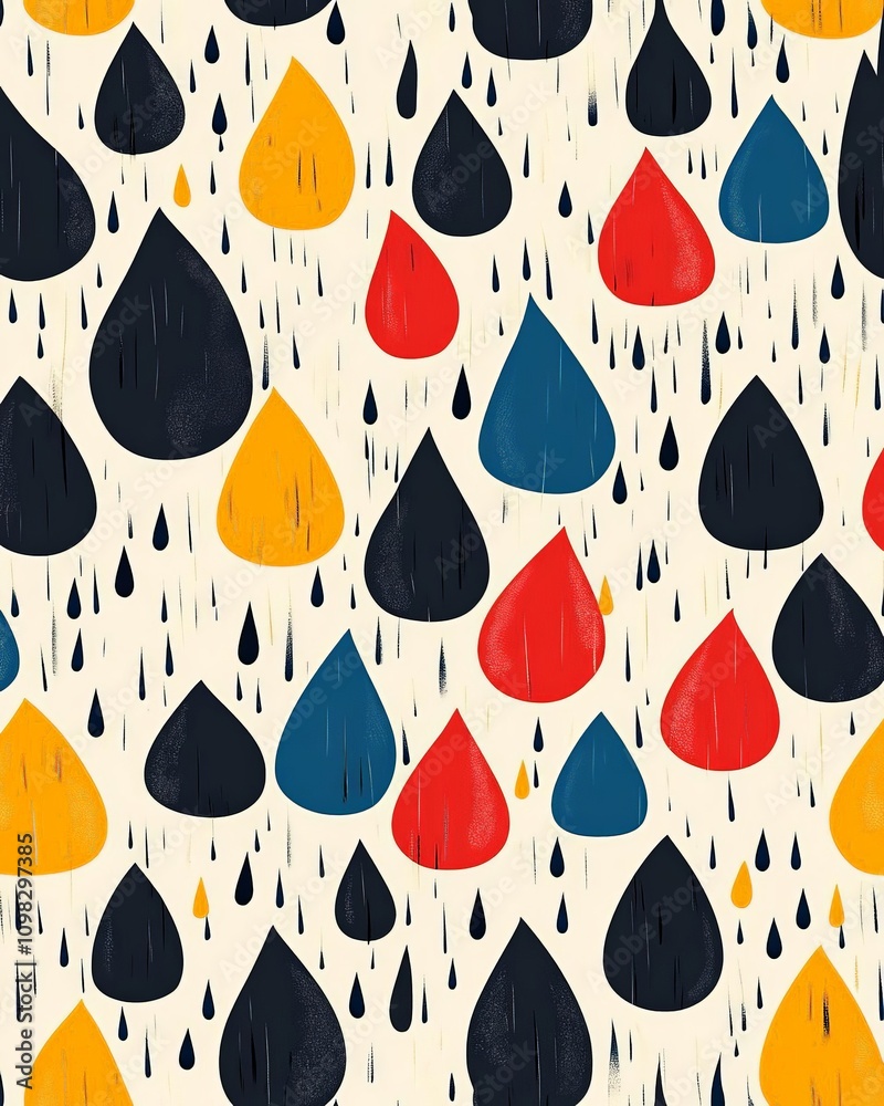 Poster a vibrant and artistic pattern of colorful raindrops in varying shapes, creating a playful and imagi
