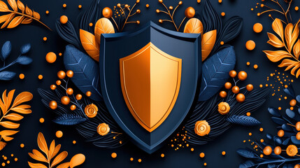 Fototapeta premium vibrant shield design surrounded by colorful leaves and flowers, symbolizing protection and security. artwork features blend of blue and orange tones, creating striking visual impact
