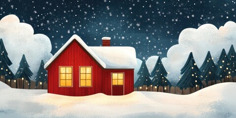 Fototapeta premium A cozy red house surrounded by snow and pine trees, illuminated warmly under a starry night sky.
