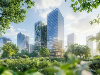 Fototapeta premium eco-friendly construction scene depicting a contemporary metropolis with a sustainable glass building surrounded by greenery, emphasizing harmony between urban development and nature