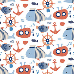 Whimsical underwater pattern featuring fish, whales, anchors, and steering wheels in playful colors
