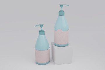 Elegant cosmetic liquid soap two bottle with a white background. 3D render of a beautiful cosmetic template for advertising. Makeup product brand V5