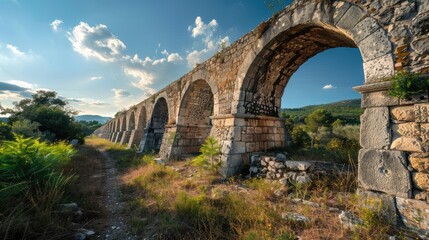 Stunning Sunset Over an Ancient Aqueduct Surrounded by Nature