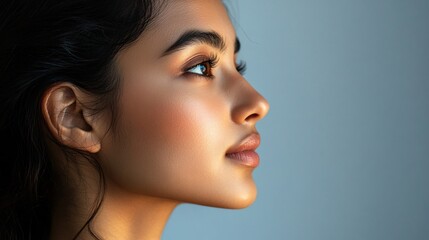 Fototapeta premium Radiant South Asian Woman with Natural Beauty in Professional Studio Portrait
