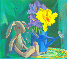 Still-life. A toy rabbit with a watering can. The painting is painted on canvas in oil or acrylic. Handmade - classical painting of high quality.