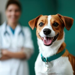 Adorable dog wagging tail in owner's lap at vet's office capturing joy and bonding moments