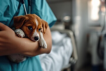Emotional portrait of vet holding puppy in clinic heartwarming scene caring environment close-up view animal bonding