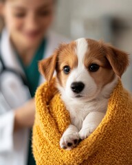 Smiling child holding a puppy in a blanket at the vet emotional support indoor clinic caring environment