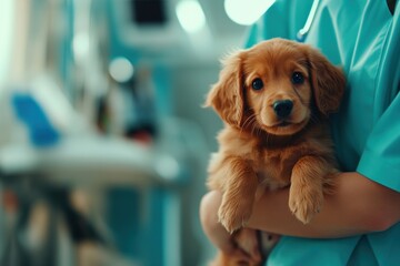 Comforting hands holding a smiling puppy in a veterinary clinic heartwarming pet care scene close-up view