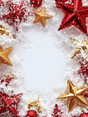 Festive Christmas Wreath with Red and Gold Stars, Snowfall Background, Ideal for Holiday Greetings and Seasonal Text Decorations in a Blank Center