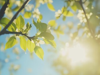lush spring landscape illuminated by soft, golden sunlight, showcasing fresh green leaves against a serene blue sky, evoking feelings of renewal and peace