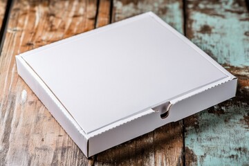 Fototapeta premium Blank white pizza box at angle with textured cardboard visible, captured using wide-angle lens on overhead natural lighting, with copy space
