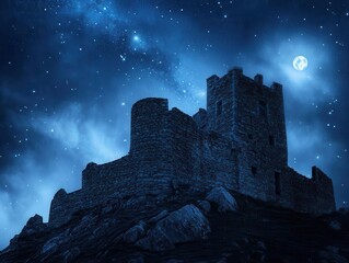 majestic castle silhouetted against a starlit night sky. the moon casts a silvery glow over ancient stone walls, while wispy clouds drift lazily above, creating a magical and mysterious atmosphere