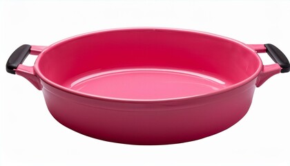 Bright pink ceramic baking dish with ergonomic handles, isolated on a transparent background, ideal for cookware branding and kitchen catalogs