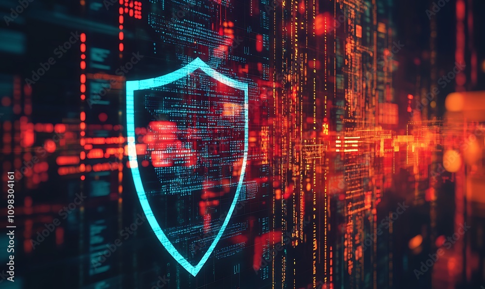 Poster digital shield symbolizing cybersecurity amidst a backdrop of data streams.