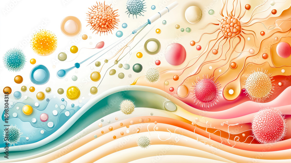 Poster vibrant visual depicts various microorganisms and cells in a fluid, artistic arrangement, showcasing