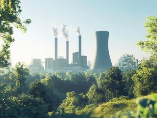 Obraz premium nuclear power plant towering against a clear blue sky, surrounded by lush greenery, demonstrating the balance of nature and technology, with cooling towers and a sense of energy generation