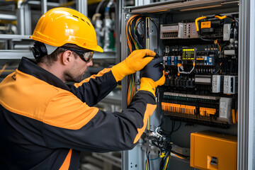 Caucasian man electrician in yellow hardhat working on industrial electrical cabinet. Professional maintenance engineer checking control panel. Industrial workplace safety