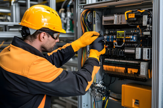 Caucasian man electrician in yellow hardhat working on industrial electrical cabinet. Professional maintenance engineer checking control panel. Industrial workplace safety