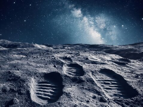 otherworldly alien footprints etched into the moon's surface, surrounded by a stark, starry sky, inviting curiosity about extraterrestrial life and cosmic exploration