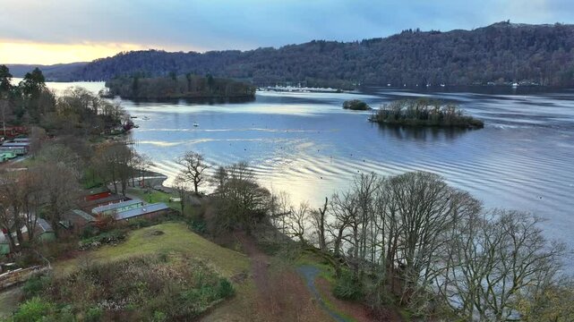Aerial video of autumnal landscape of Windermire - UK 