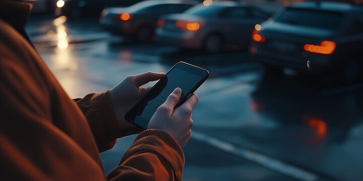 Person using mobile phone app to rent a car or to find parked car on a parking lot.