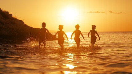 Children joyfully running through the water at sunset, silhouetted against a vibrant orange sky, embodying the essence of summer and carefree childhood.