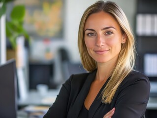 Fototapeta premium professional portrait of a businesswoman in a modern office setting, exuding confidence and competence, with corporate decor in the background enhancing the professional vibe