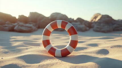Naklejka premium Red and white lifebuoy on sandy beach at sunset.